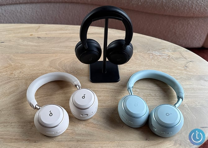 The Soundcore Space 2 are shown from the left in Linen White, Jet Black, and Seafoam green