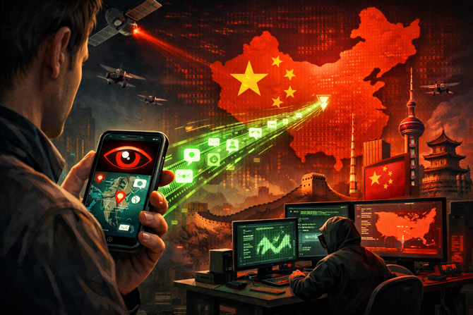 Concept image of an app spying on a person and sending data to China