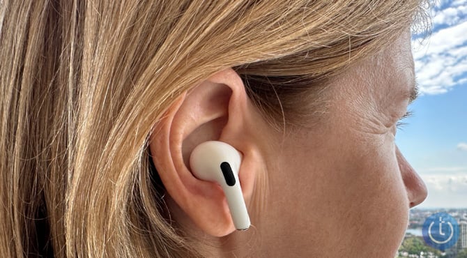 AirPod Pro shown in ear from the side.