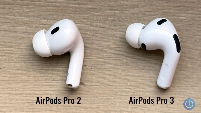 The AirPods Pro 2 is on the left and the AirPods Pro 3 is on the right. You can see the extra microphone.