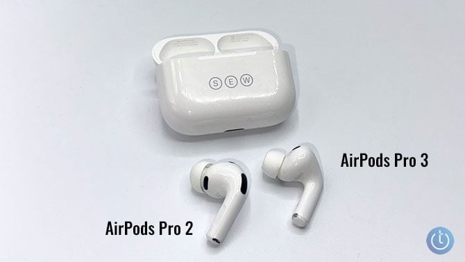 The Apple AirPods Pro 2 is on the left and the Pro 3 is on the right