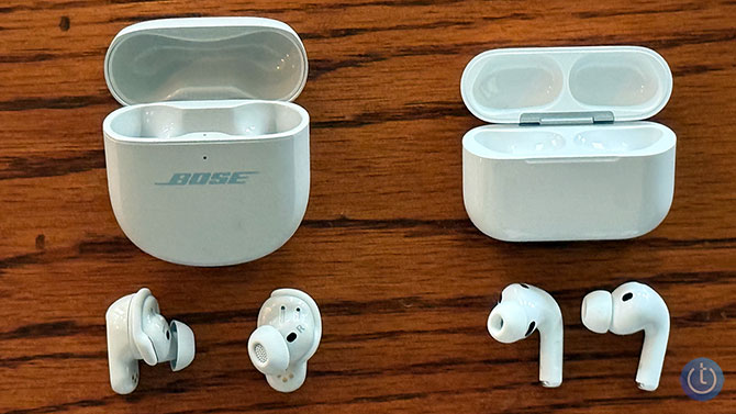 The Bose QC Ultra Earbuds 2nd Gen is on the left and the Apple AirPods Pro 3 is on the right.