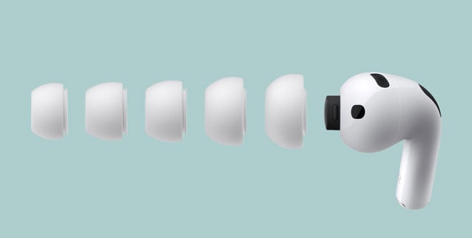 An AirPod Pro 3 with the five different size eartips