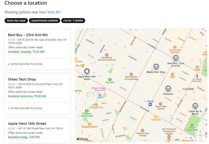 Screenshot of Apple website showing Apple Authorized Service Providers in New York City. They include Best Buy, Mikes Tech Shop, and Apple Store.
