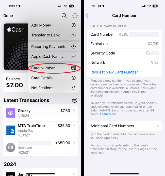 Screenshots of Apple Cash. On the left you see the menu for accessing your virtual card number. On the right you see the virtual card information. 