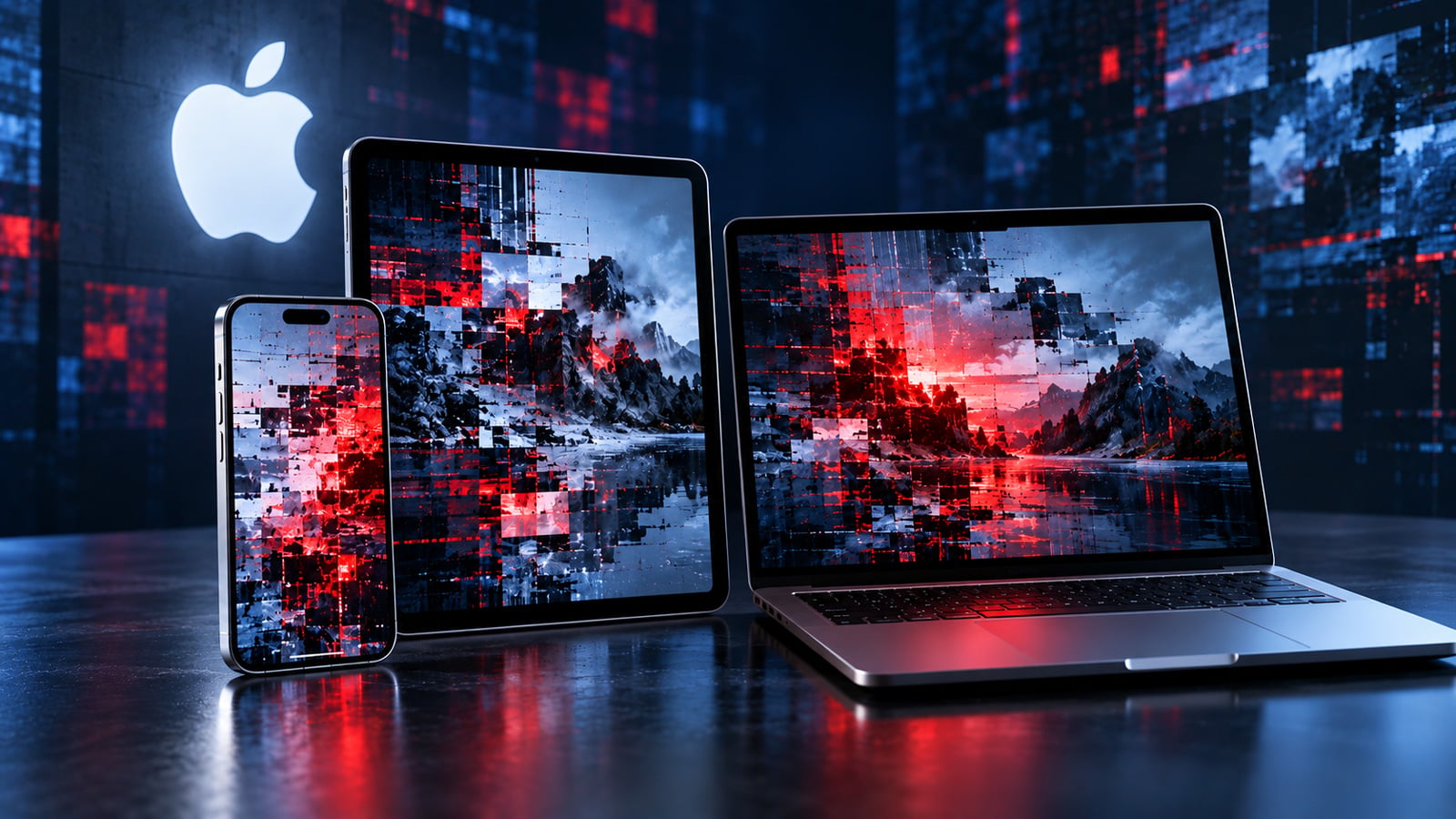 Apple iPhone, iPad, and MacBook displaying corrupted imagery beneath a glowing Apple logo.