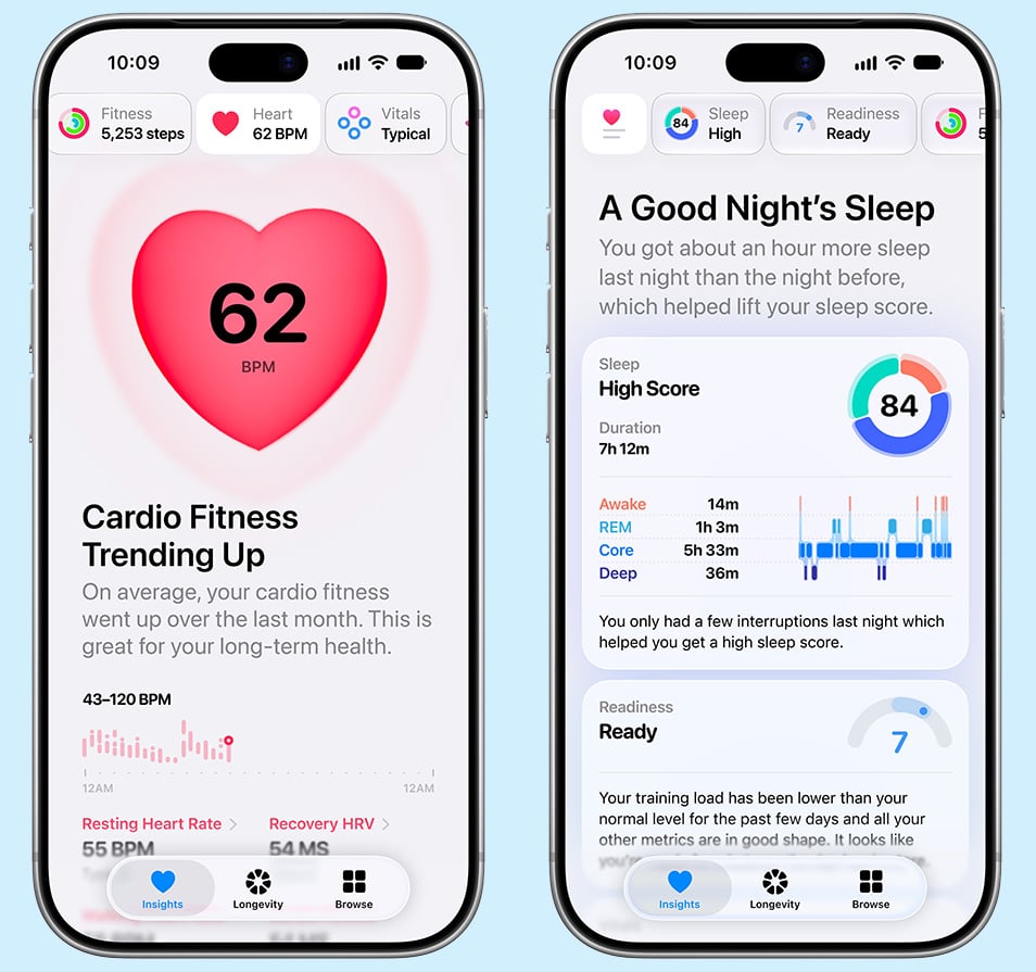 Two iPhones showing Apple Health insights, including cardio fitness trends, heart rate, sleep score, sleep stages, and readiness.