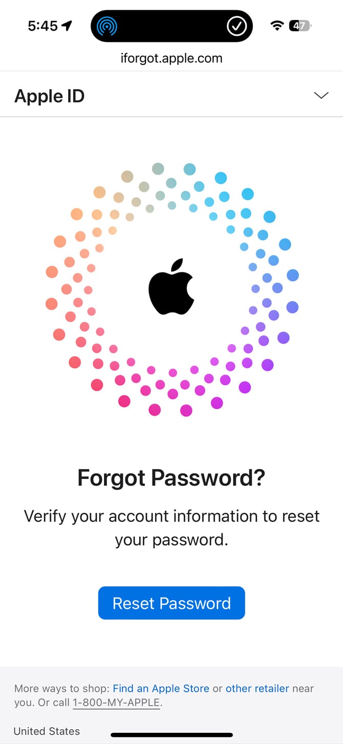 iforgot Apple ID page on Apple website