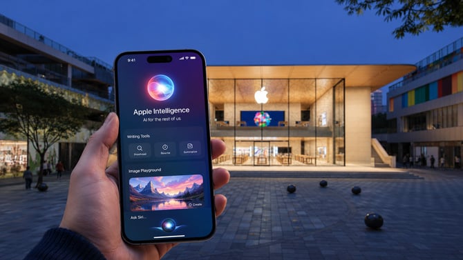 A person uses Apple Intelligence on an iPhone outside of the Beijing Apple Store.
