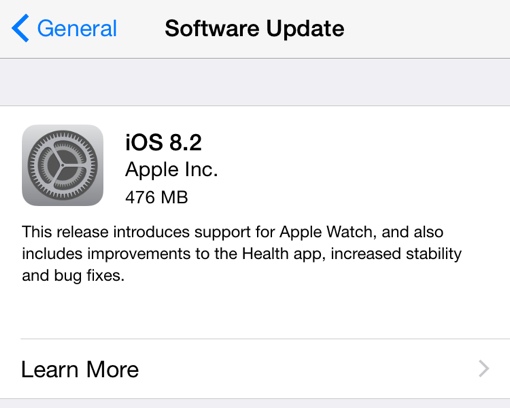 Apple iOS 8.2 update prompt