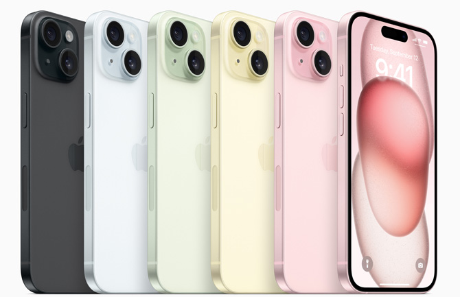 Apple iPhone 15 colors shown from the back (from the left): black, white, green, yellow, pink. Plus, the pink phone shown from the front.