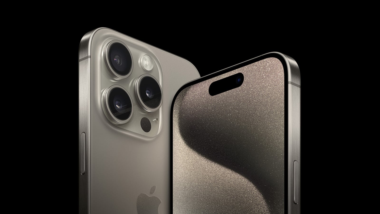 iPhone 15 Pro shown from the front and back cropped to show the top half