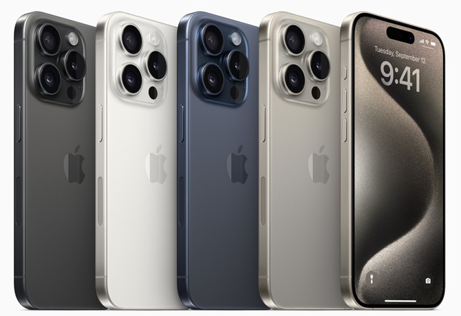 iPhone 15 colors from the left: black, white, blue, and sliver-gray, plus the silver-gray shown from the front.