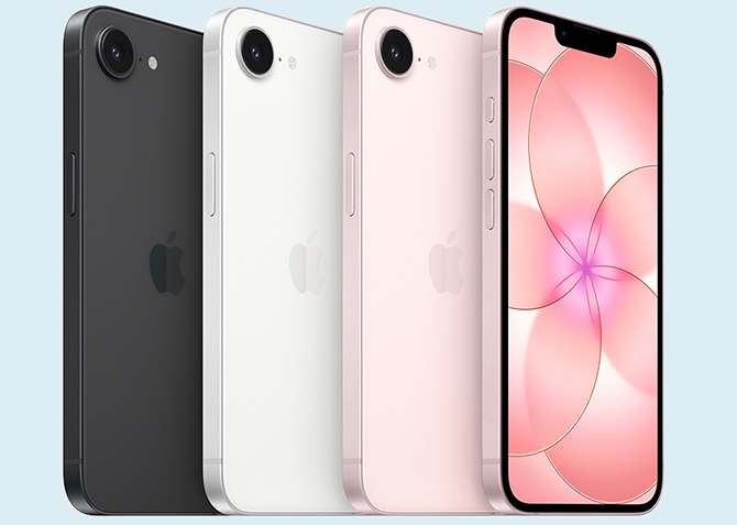 Apple iPhone 17e from the left in black, white and pink - back and front