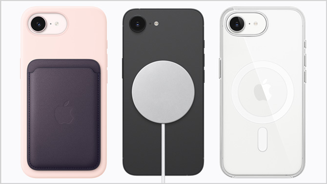 iPhone 17e shown from the back in pink with a wallet, black with a MagSafe charger, and white with a magsafe case.
