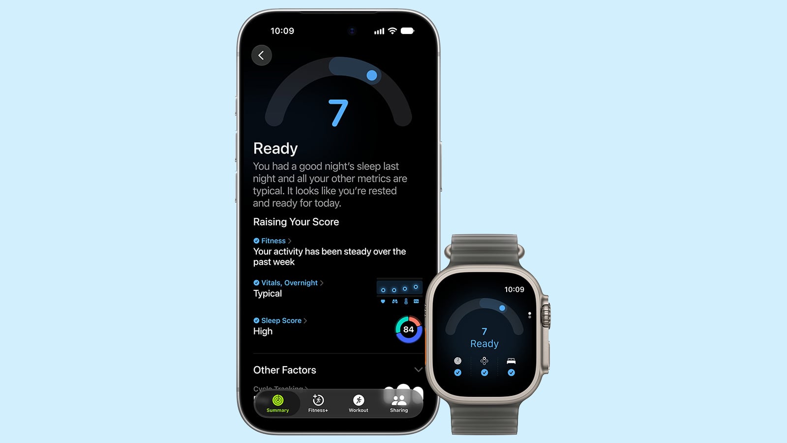 iPhone and Apple Watch Ultra displaying a readiness score of 7, with sleep, fitness, and overnight vitals contributing to the score.