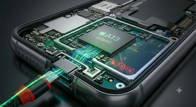 graphic of an Apple iPhone a13 chip showing a breach