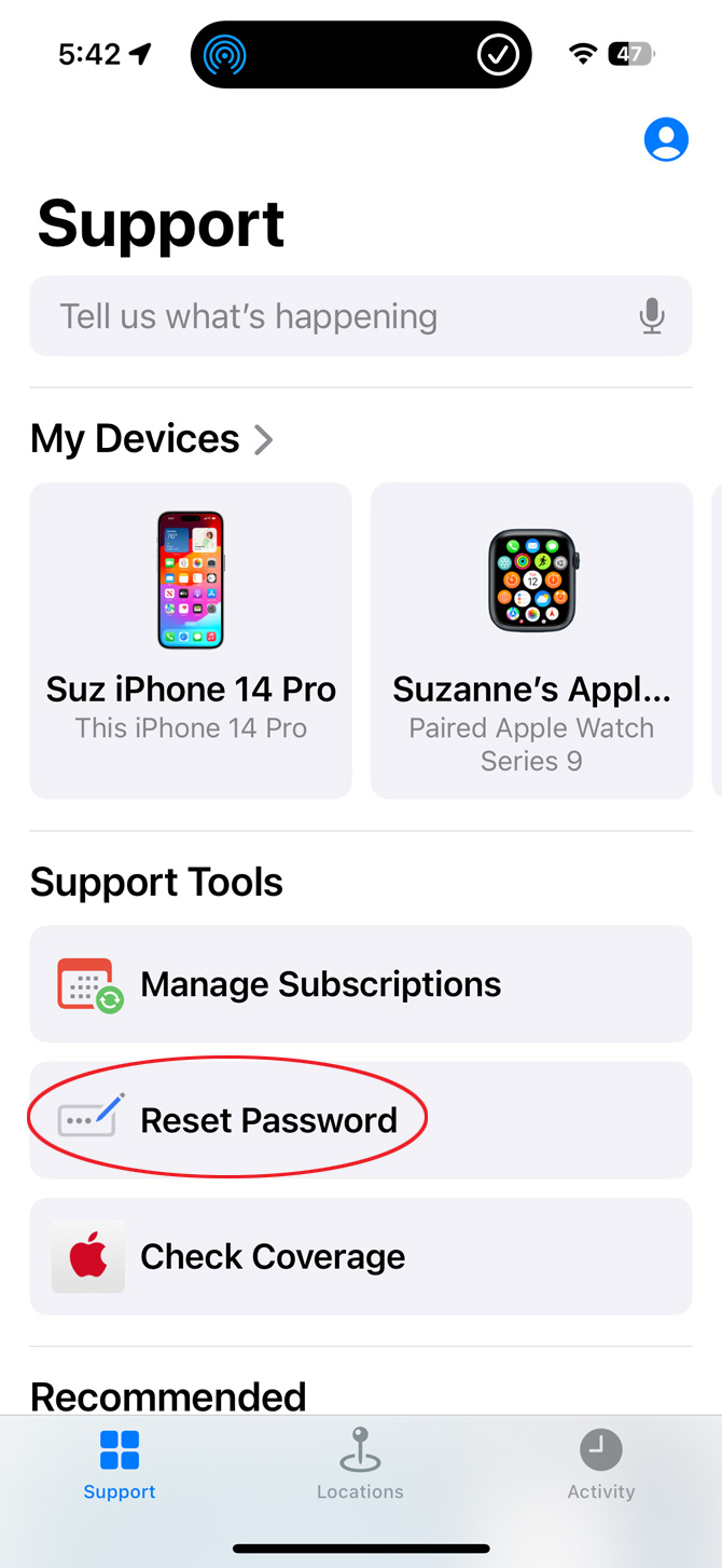 Apple Support app main screen with the password reset option circled.