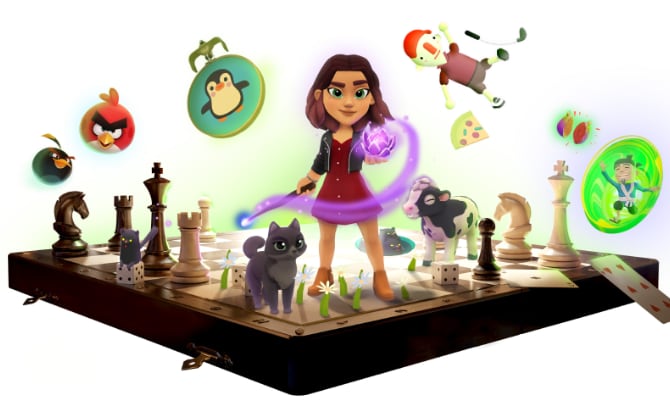 Characters from Apple Arcade games hovering over a chess board