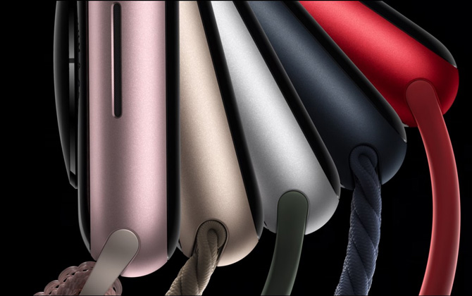 Apple Watch 9 show in colors from the left: pink, starlight, silver, midnight, and red