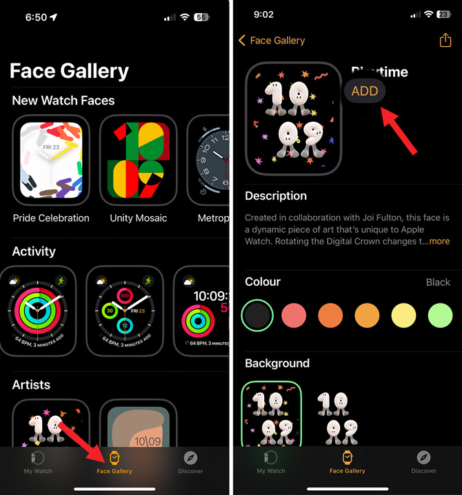 Two screenshots of the Watch app. On the left you see the Face Gallery page with the Face Gallery tab pointed out at the bottom. On the right you see a watch face page with the Add button pointed out. 