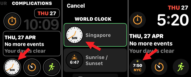 Three screenshots of Apple Watch. On the left you see complication of time zone pointed out. In the center, you see the Singapore time zone selected. On the right you see the watch face with the New York City time zone pointed out.