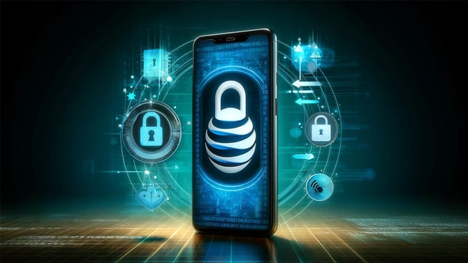 Concept drawing showing a phone that has a lock on the screen with the base as the AT&T logo.