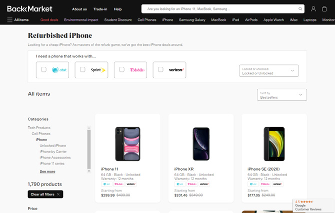 Screenshot of Back Market listings of refurbished iPhones, showing sorting by carrier or unlocked on the top and by model on the side. There are individual listings for iPhone 11, iPhone XR, and iPhone SE (2020). 