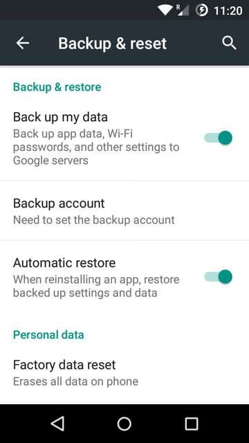 Backup and reset menu