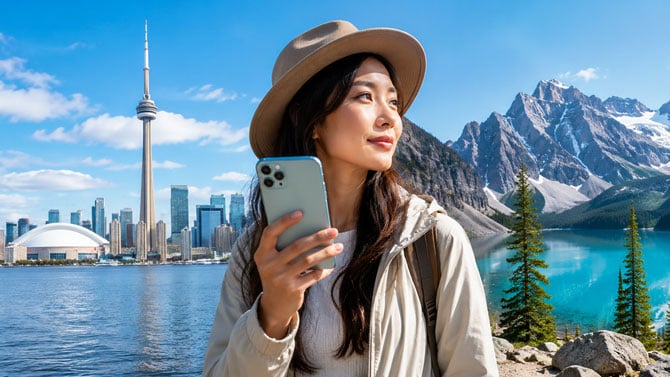 Woman with cellphone in front of Toronot skyline and Banff mountains