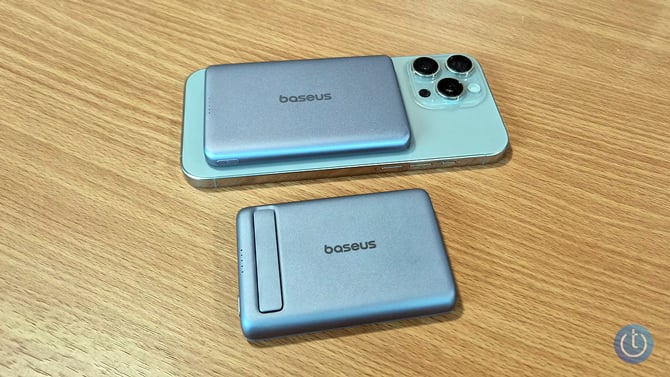 Baseus PicoGo AM41 is shown in a phone at the top and AM31 Magnetic Power Bank is on the table below