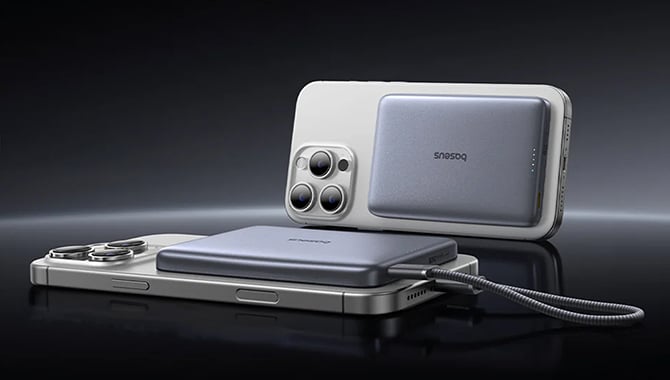 Baseus PicoGo Ultra-Slim seen from the side plugged into a phone and from the top attached to a phone.