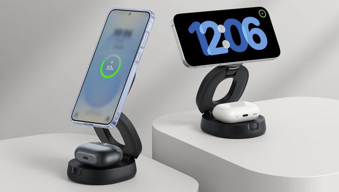 The Belkin 2-1in-1  Convertible Magnetic Charging stand is shown with a Samsung Galaxy S25 and Galaxy buds on the left and an iPhone and AirPods on the right.
