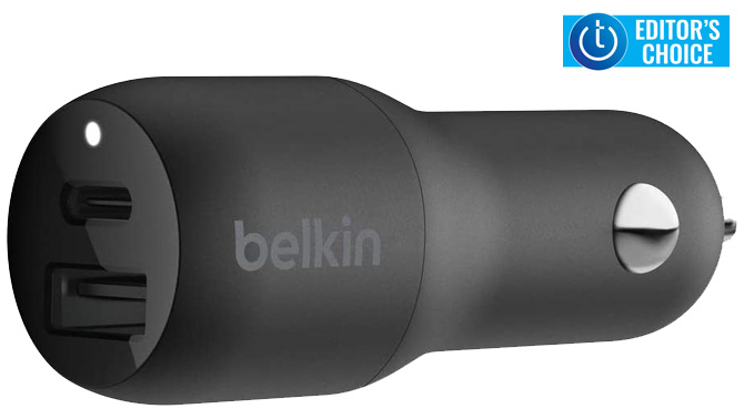 Belkin Boost Charge 32W USB-C PD + USB-A Car Charger from the side on a white background. In the upper right is the Techlicious Editor's Choice logo.