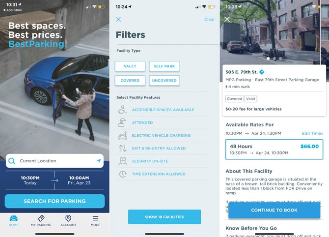BestParking App screenshots. From the right: First screenshot shows picture of woman entering vehicle with box below to enter an address or use the current location. Below  you can set the day and time for arrival and departure. Below is a button to search for parking. The next screenshot shot filters : valet, self park, covered, uncovers, accessible spaces, attended, electric vehicle charging, exit and re-entry allowed, security on-site, time extension allowed. below is a button showing the number of nearby facilities. The third screenshot show a MPG Parking garage listing with covered and valet options, rates for 48 hous at $66 and button to book. 