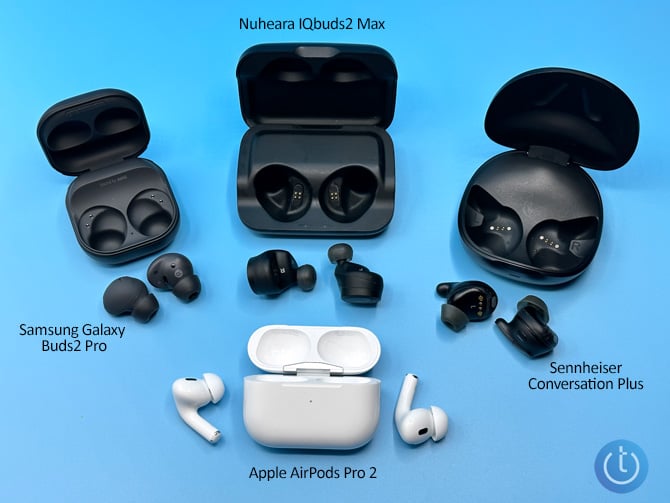 Clockwise from the left: Samsung Galaxy Buds2 Pro, Nuheara IQbuds2 Max, Sennheiser Conversation Plus, Apple AirPods Pro 2.