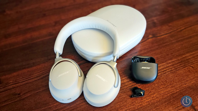 Bose QuietComfort Ultra Headphones on the left and the QuietComfort Ultra Earbuds on the right