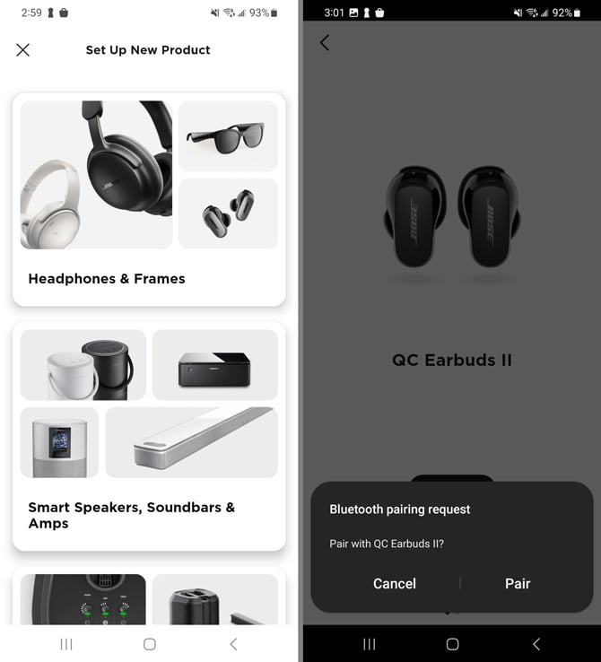 Two screenshots of the Bose Music app. On the left you see the product selection screen. On the right you see the Bose QC Earbuds II with a pop up asking to pair.