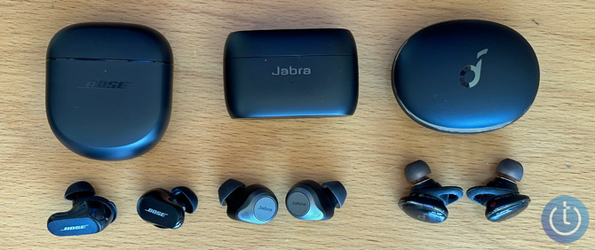 From the left, the Bose QuietComfort Earbuds II, Jaba Elite 85t, and the Soundcore Liberty 3 Pro 