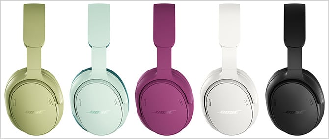 QuietComfort Headphones Gen 2 colors from the left: Eucalyptus Green, Dewdrop Mint, Rosewood Mauve, White Smoke, and Black.