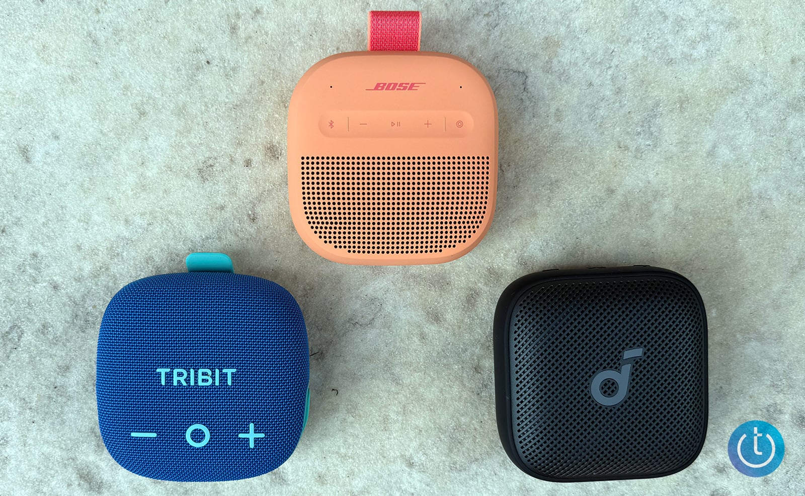 From the left: Tribit StormBox Micro 3, Bose Soundlink Micro 2nd Gen, Soundcore Boom Go 3i.