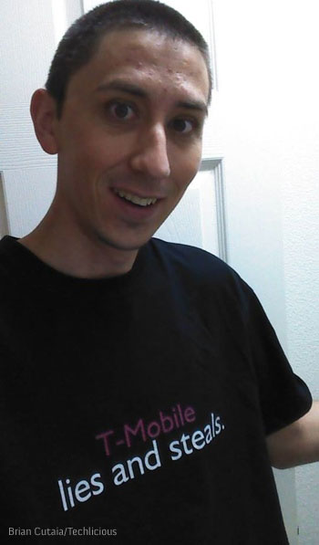 Techlicious reader wearing a T-Mobile Lies and Steals T-Shirt