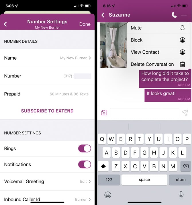 Burner app two screenshots: on the left, you see a screen showing the Burner number settings that include the number, type of subscription with time and texts left, and number settings, including Rings, Notifications, and Voicemail Greeting. The screenshot on the right shows a text conversation with a photo and the pulldown menu with the options to: mute, block, view contact, or delete conversation.   