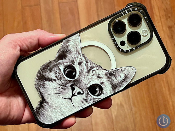 Casetify Peekaboo Cat case held in hand showing a white and black cat from the front that looks like it's peeking out of the case. 