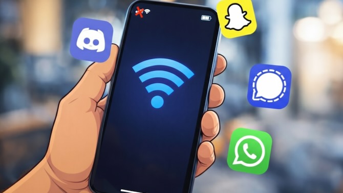 Image of a smartphone in someone's hand. The screen shows zero bars but a large wi-fi symbol. Around it float icons for communication apps like WhatsApp, Signal, and Snapchat.