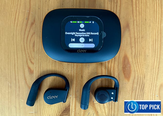 The Cleer ARC 5 buds are shown with their case.