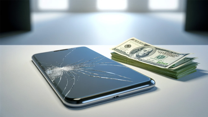 Phone repair concept showing a damaged phone next to a stack of cash.