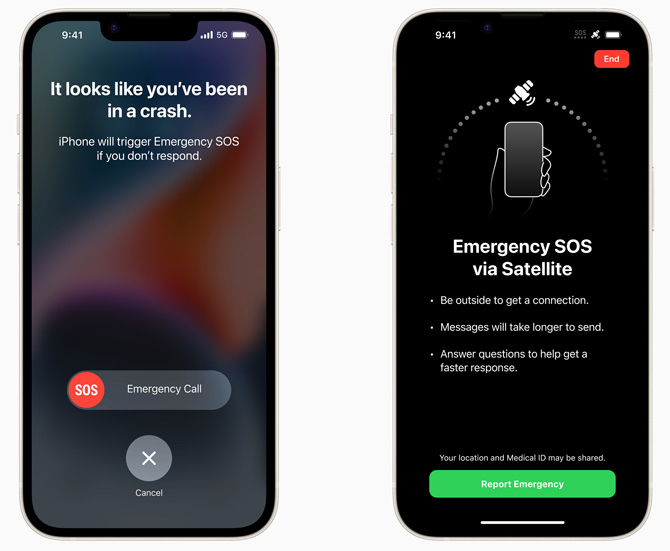 Two screenshots of iOS 16 features. On the left you see a notification: It looks like you've been in a crash. iPhone will trigger Emergency SOS if you don't respond. On the right the screen reads: Emergency SOS via Satellite. Be outside to get a connection. Messages will take longer to send. Answer questions to help get a faster response. A button the bottom reads: report emergency. 