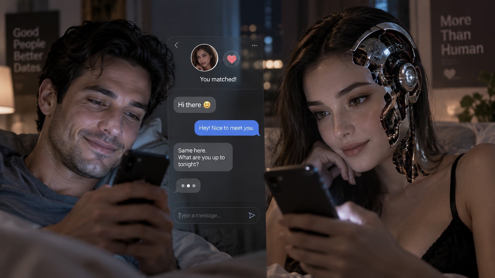 Concept image shows and robot speaking with a human over a dating app.