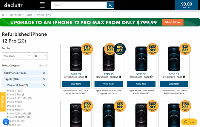 Screenshot of the Decluttr site showing iPhone Pro models in Good and Pristine condition. On the left, you see the ability to sort by iPhone model.